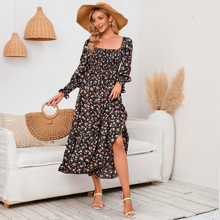 Long Sleeve Chiffon Square Neck Floral Dress - ONEK