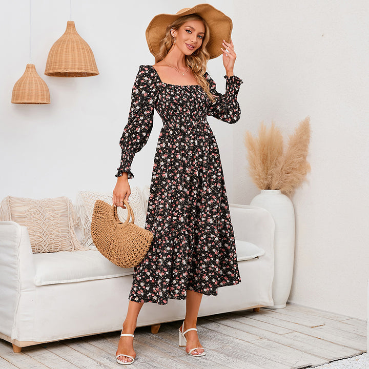 Long Sleeve Chiffon Square Neck Floral Dress - ONEK