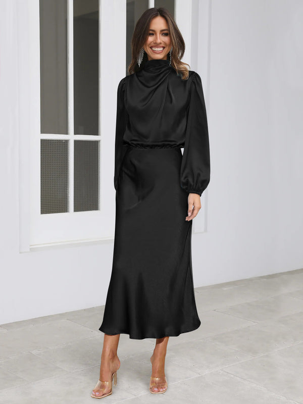 Satin Long Sleeve Loose Elegant Evening Gown Attire Maxi Dress