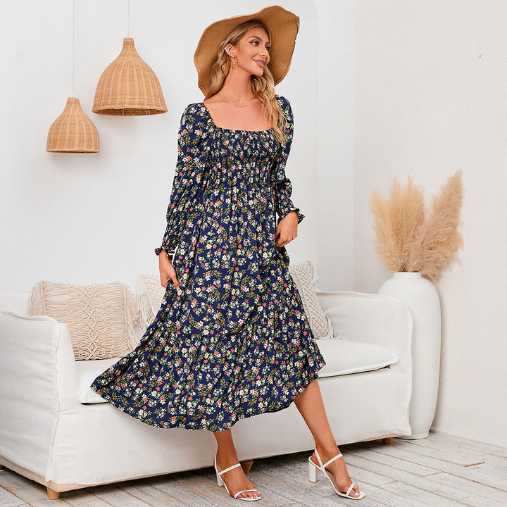 Long Sleeve Chiffon Square Neck Floral Dress - ONEK