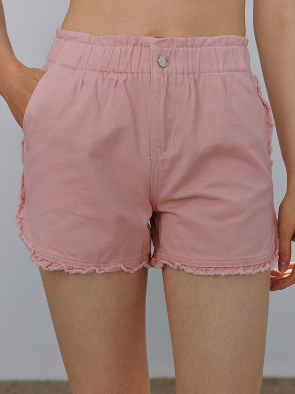 Lettuce Trim Elastic Waist Denim Shorts