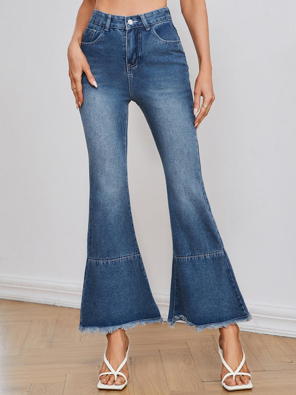 Women's High Waist Raw Hem Flare Leg Jeans