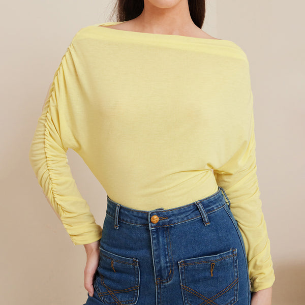 Ruched Batwing Sleeve Boat Neck Top