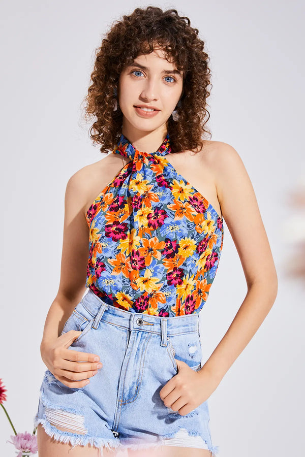 Floral Twist Plicated Halter Top