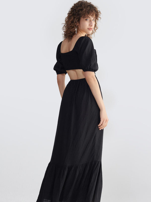 Cut Out Ruffle Hem Shirred A Line Long Maxi Dress - ONEK