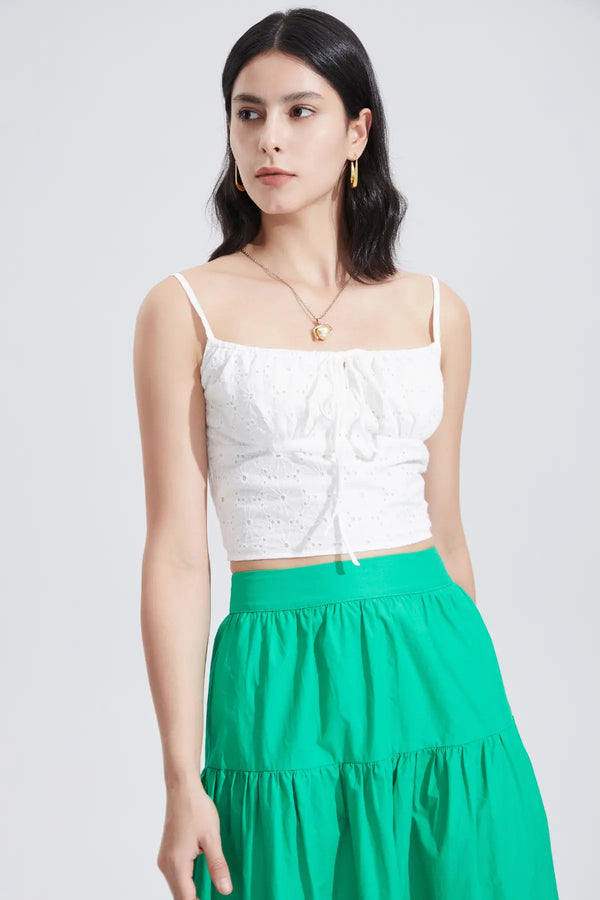 Eyelet Embroidery Shirred Crop Camis Top