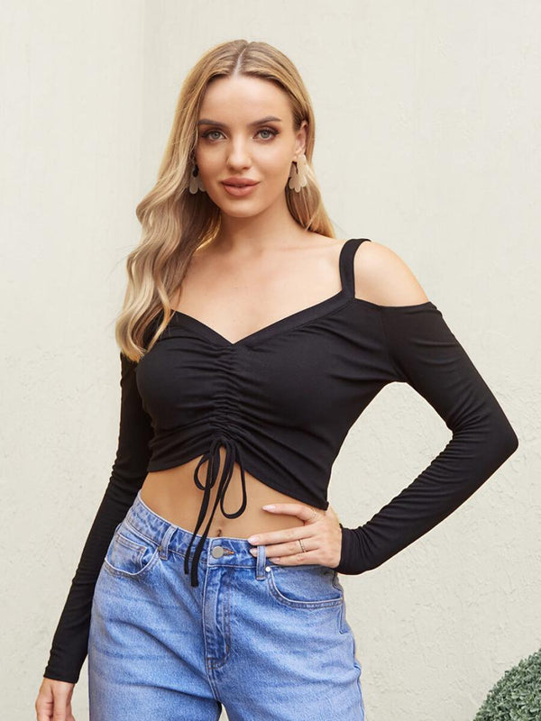 Cut Out Drawstring Ruched Crop Top