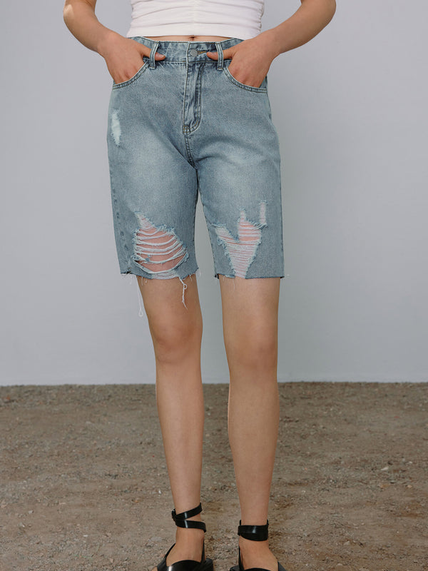 Button Front Ripped Denim Shorts