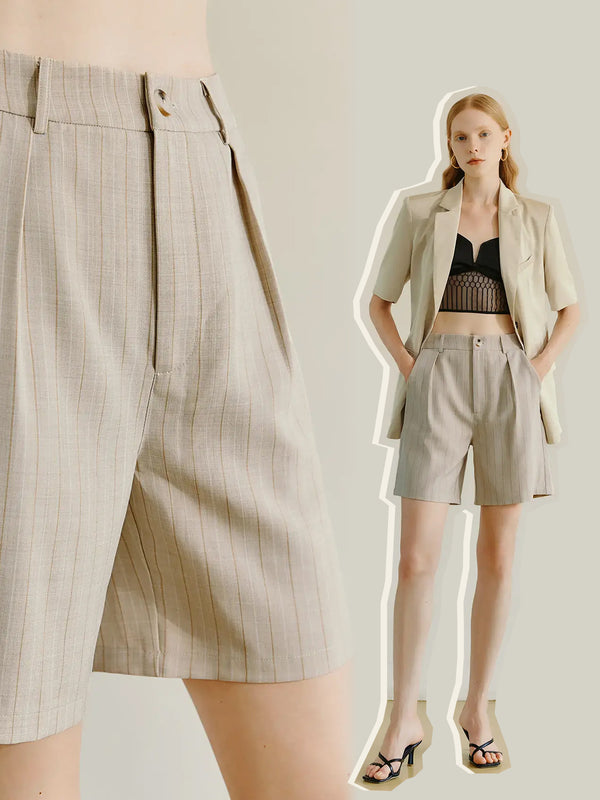 Striped Plicated Straight Leg Shorts