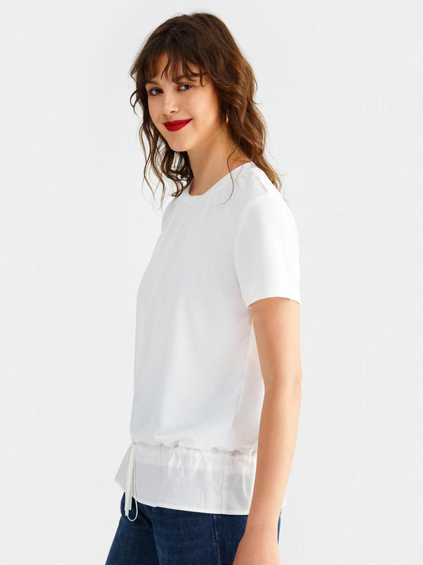 Drawstring Tie Front Ruffle Hem Top