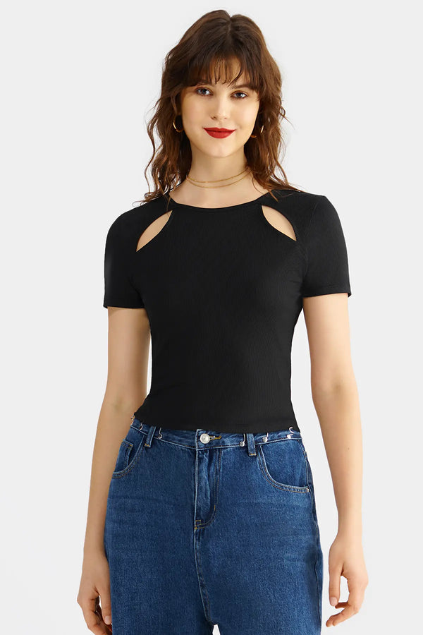 Cut Out Round Neck Rib Tee