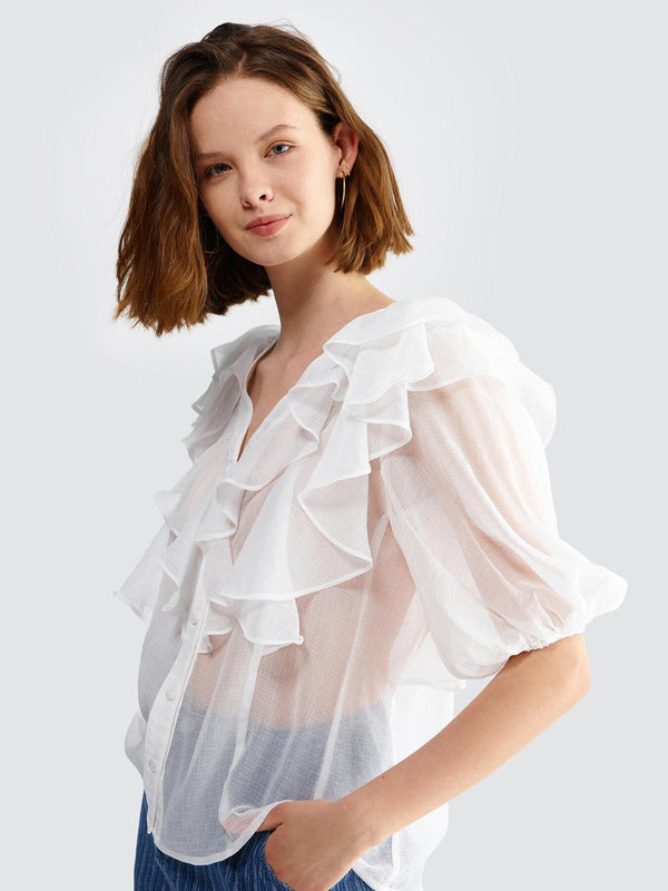 Ruffle Button Front Crepe Chiffon Blouse