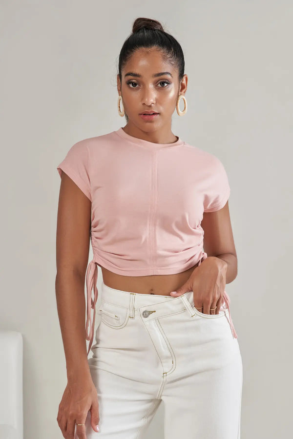 Women's Drawstring Ruched Rib Crop Top