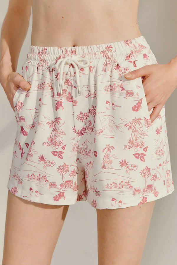 Plants Print Drawstring Tie Front Shorts