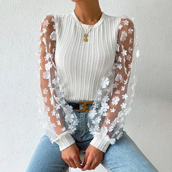 Butterfly Design Sheer Puff Sleeve Crop Top