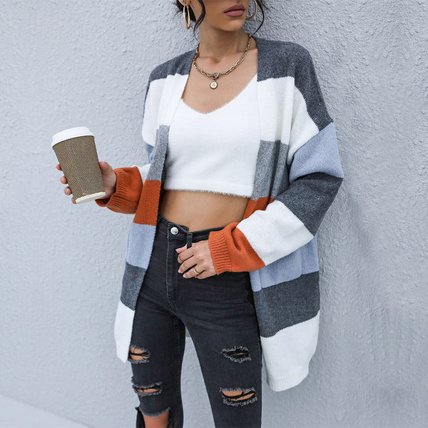 New Casual Knitted Cardigan with Color Block Long Sleeve Sweater Coat