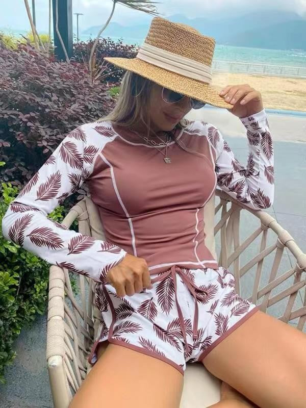 Surfing Suit Long Sleeve Anti Diving Suit Printed Flat Split Swimsuit Set - ONEK