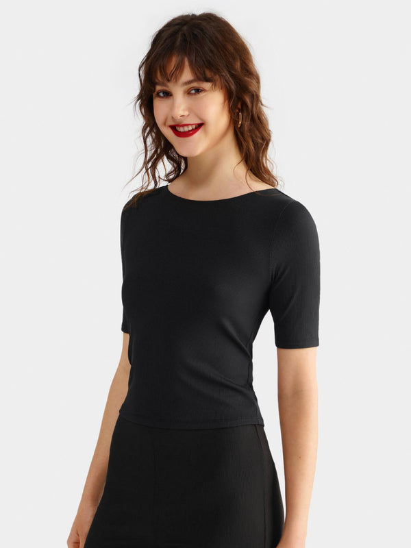 Ruched Backless Round Neck Rib Tee