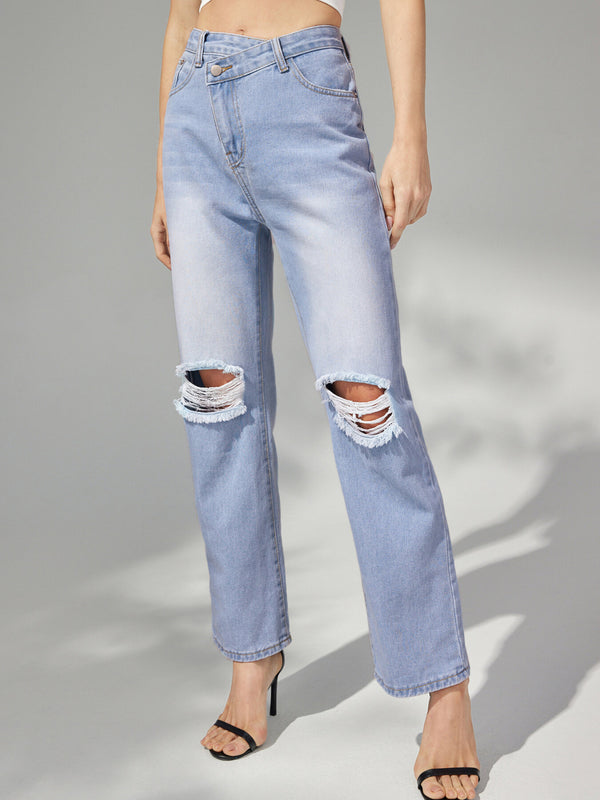 Ripped Button High Waist Straight Leg Jeans