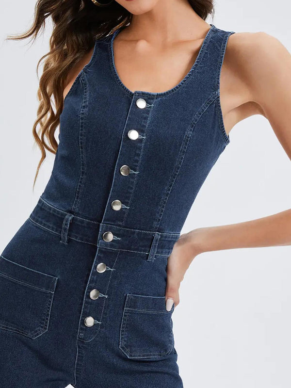 Women's Pocket Button Straight Leg Denim Jumpsuits