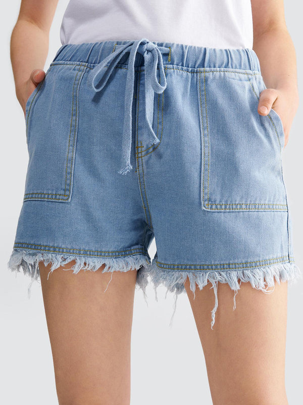 Pocket Drawstring Tie Front Denim Shorts