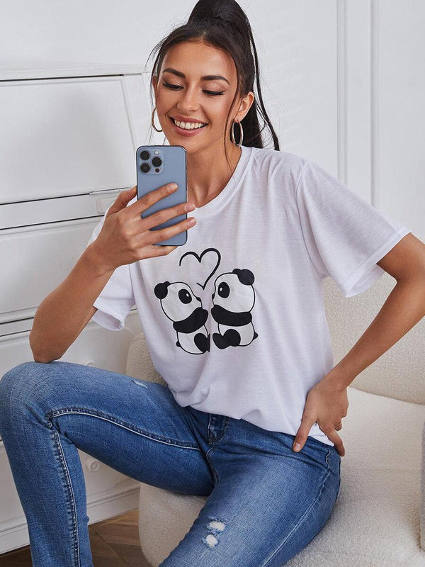 Women's Short Sleeve Panda Cartoon Casual Tee