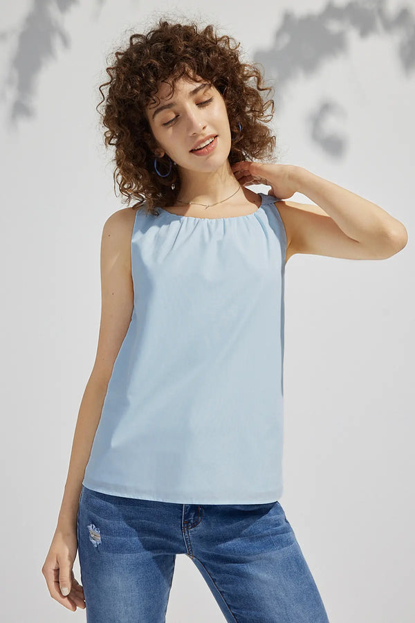 Ruched Round Neck Imitation Tencel Tank Top