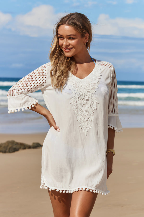 Ruffle Contrast Lace Pom Pom Cover Up