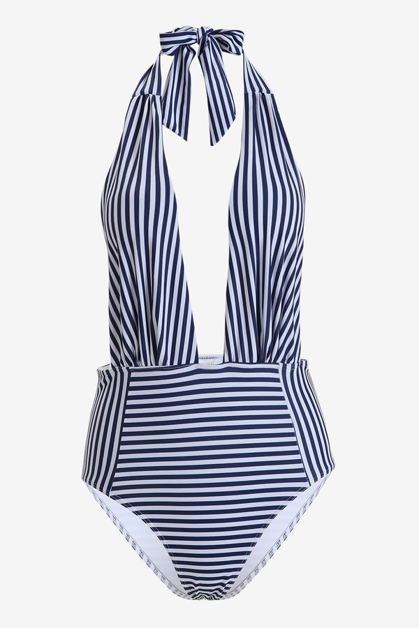 Striped Halter High Cut One Piece Swimsuit