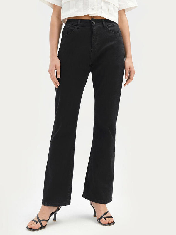 Plain Button Natural Waist Flare Leg Jeans