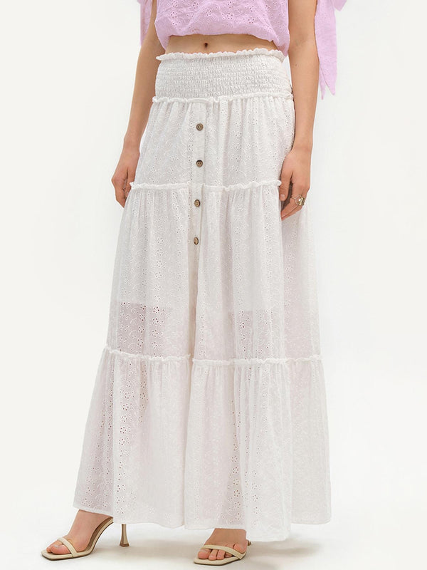 Eyelet Embroidery Shirred Layered Long Skirt