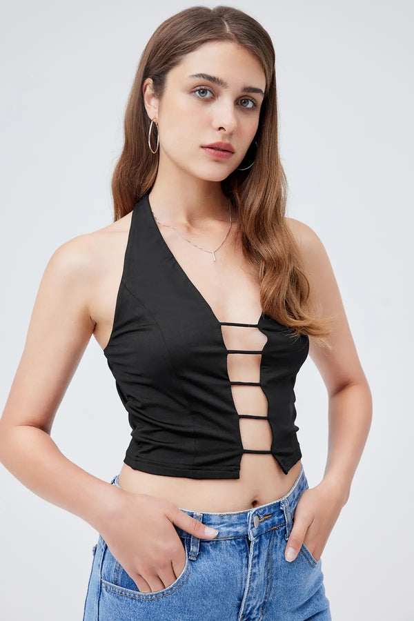 Halter Cut Out Tie Back Crop Top