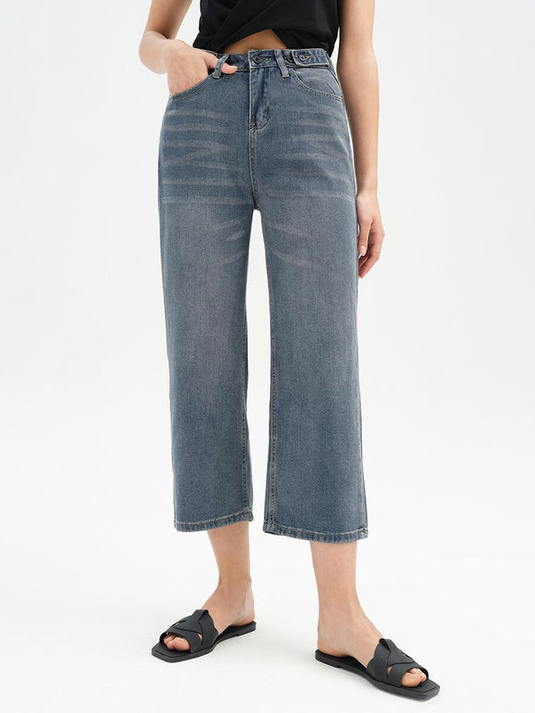 Pocket High Waist Wide Leg Cropped Jeans