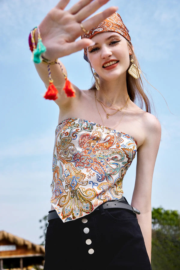 Paisley Print Shirred Tube Crop Top